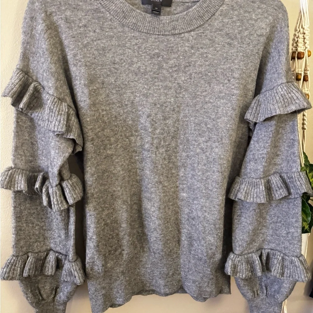 J Crew Womens Gray Crewneck Rib Trim‎ Wool Blend Long Ruffle Sleeve Sweater XS
